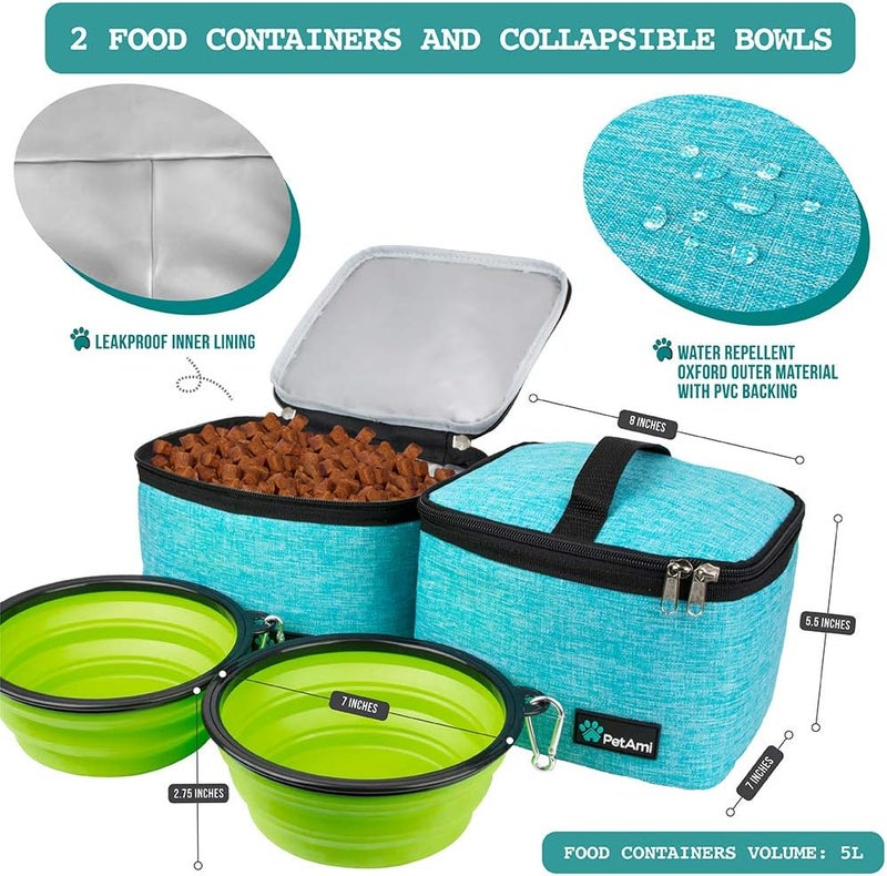 PetAmi Travel Bag Organizer - Dog & Cat Diaper Bag with Food Container and Bowls, Perfect for Weekend Camping (Sea Blue, Large) - Image 3
