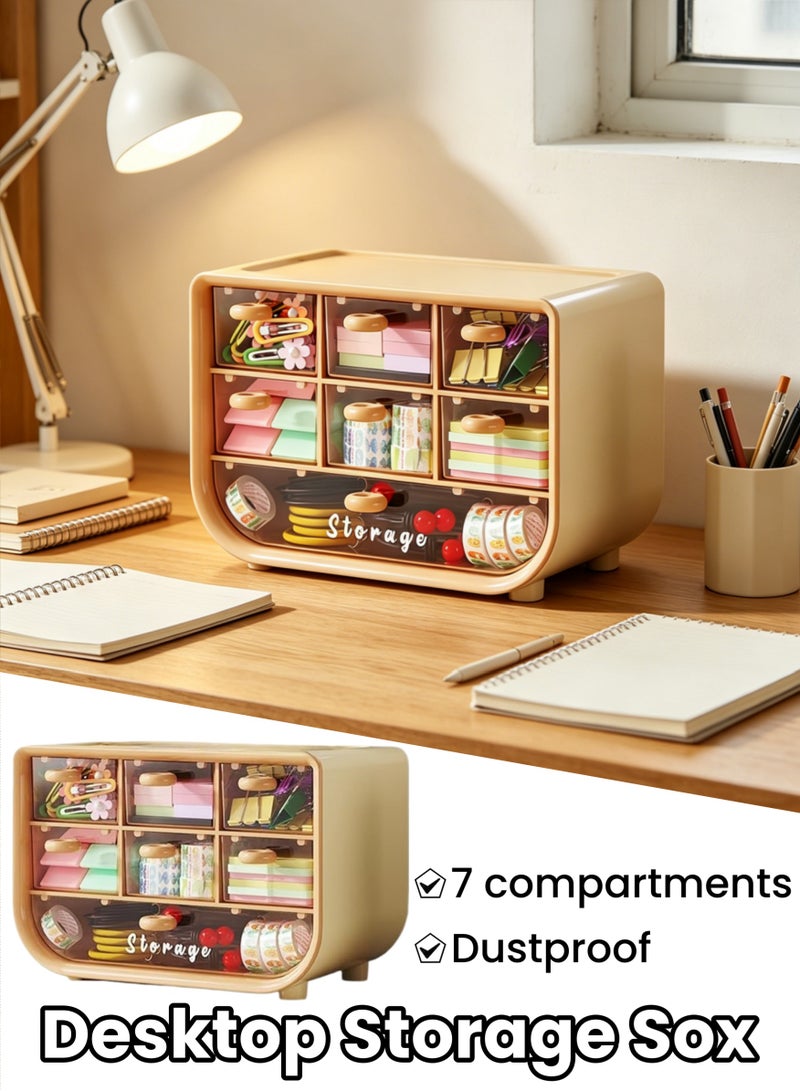Dustproof Plastic Desktop Storage Box with Drawer Multi-functional Desk Organizer,Makeup Organizer Storage Case,7-Compartment Stationery Storage Cabinet, Stackable Desktop Drawer Cabinet for School Office Home - Image 1