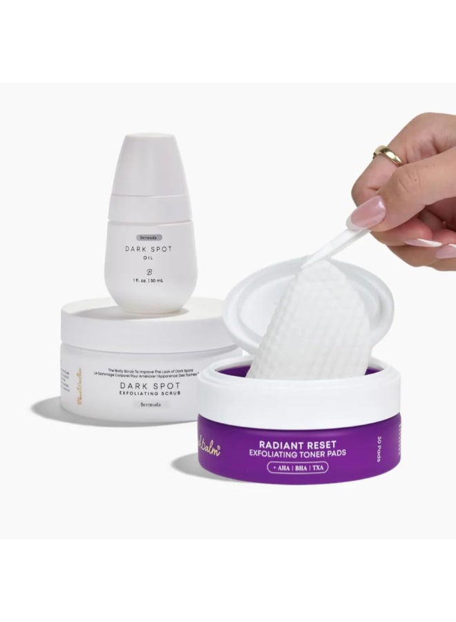 Bushbalm Ultimate Brightening Routine Radiant Reset Exfoliating Ingrown Hair Pads Bermuda Body Scrub and Bermuda Dark Spot Oil with TXA AHA and BHA for Dark Spots Ingrown Hair Razor Bumps - Image 1