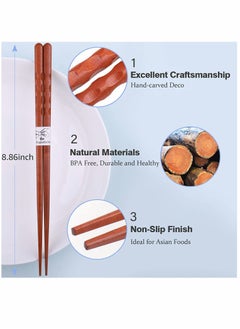 KASTWAVE Solid Wood Chopsticks Reusable Chopsticks Japanese Natural Wooden 5 Pairs Classic Style Lightweight Hand Carved Safe Chop Sticks 8.8 Inch 22.5cm Gift Set  - Image 3