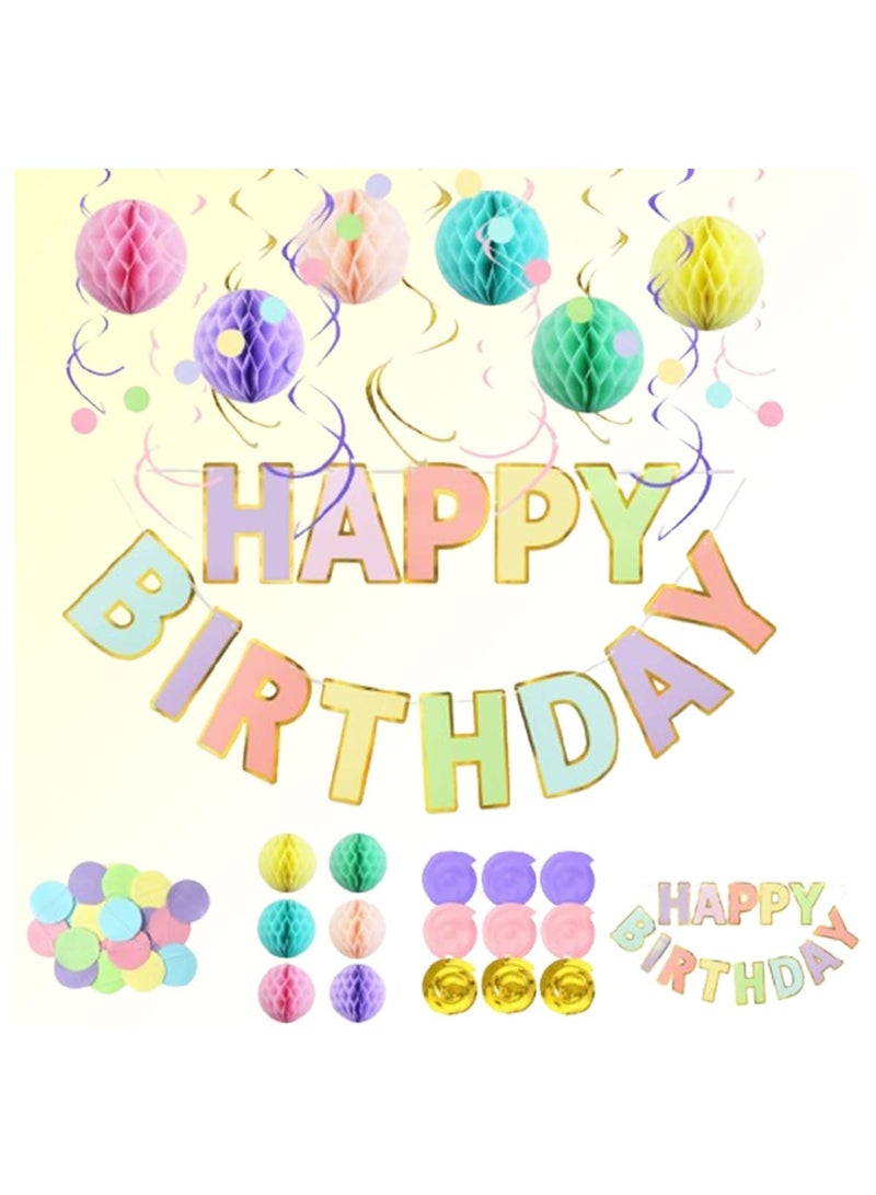 NANAO 17pcs Macaron Happy Birthday Banner & Decor Set - Party Pack with Honeycomb Balls & Swirls, Vibrant Garland for Memorable Celebrations - Image 1
