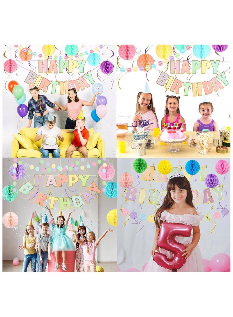 NANAO 17pcs Macaron Happy Birthday Banner & Decor Set - Party Pack with Honeycomb Balls & Swirls, Vibrant Garland for Memorable Celebrations - Image 2