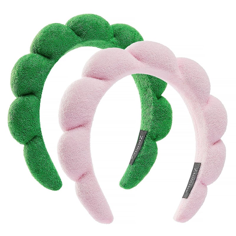 Ztomine Store Spa Headbands - Set of 2: Terry Cloth Face Wash Headbands - Puffy Pink + Turquoise Combo Pack - Image 1
