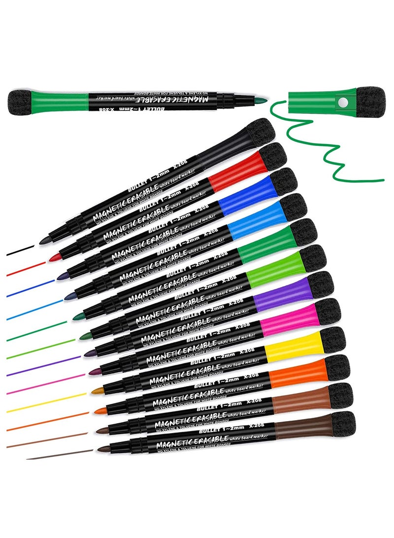 12 Pack of Magnetic Whiteboard Markers - Fine Point Dry Erase Pens with Eraser, Colorful and Erasable, Perfect for Teachers and Classroom Supplies. - Image 1