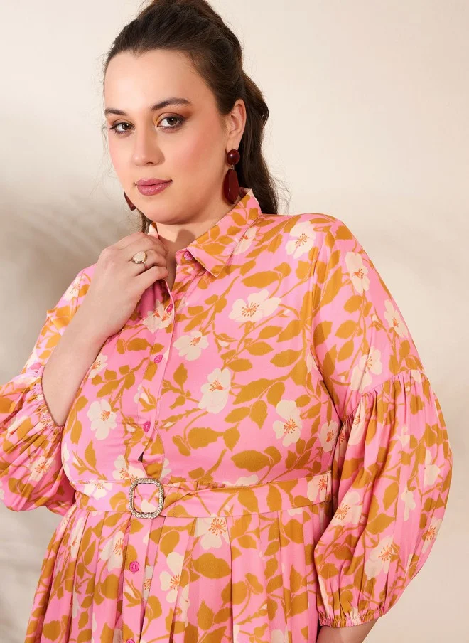 SASSAFRAS Floral Print Puff Sleeve Midi Dress for Women