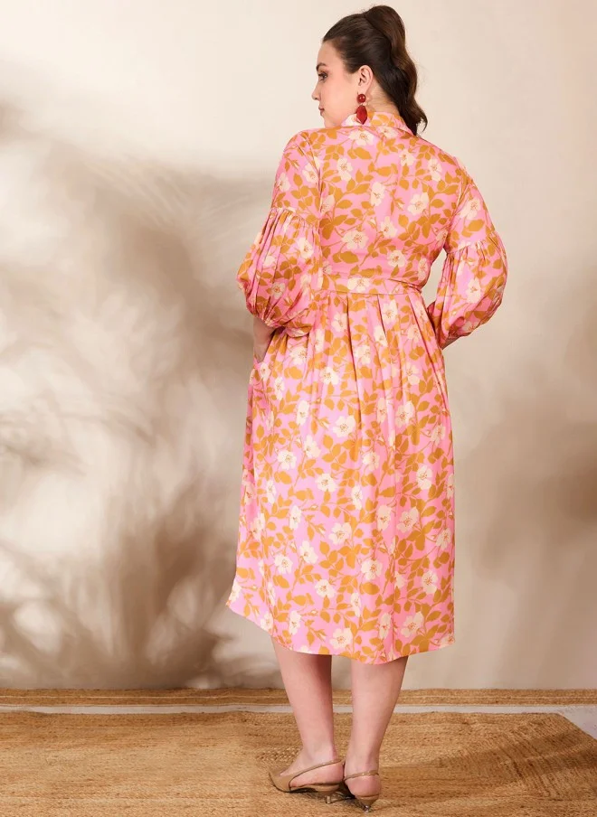 SASSAFRAS Floral Print Puff Sleeve Midi Dress for Women