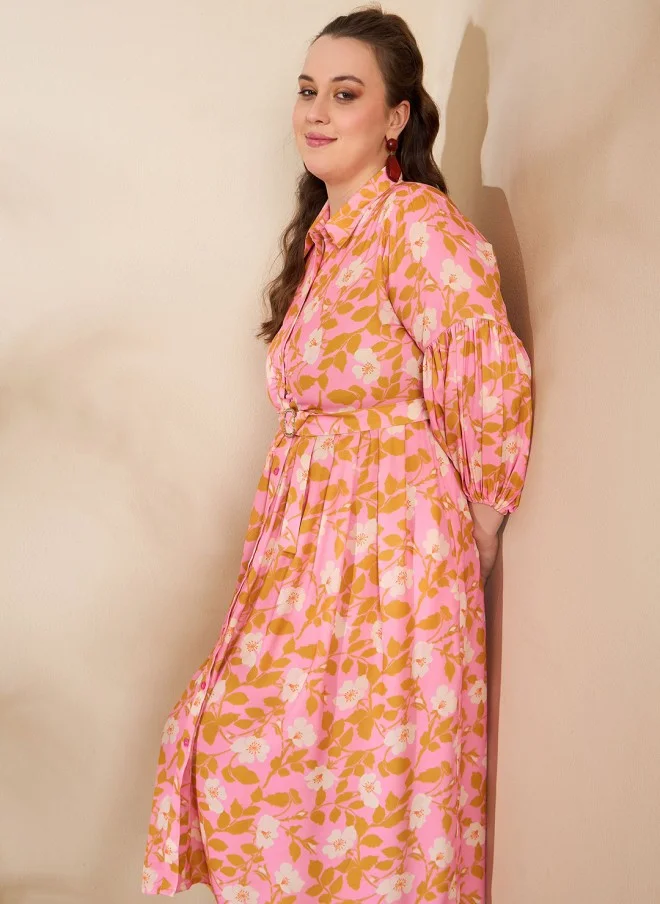 SASSAFRAS Floral Print Puff Sleeve Midi Dress for Women