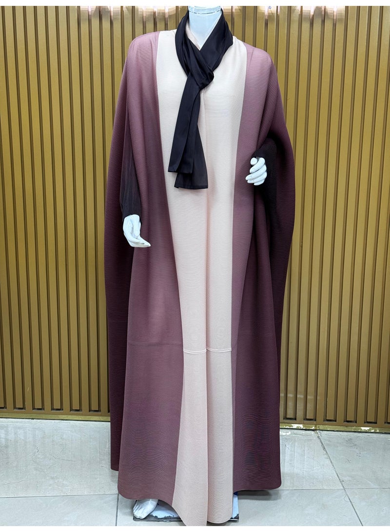 Sahara Pleated Ombre Abaya, Dark Purple Gradient with Matching Scarf  - Image 2