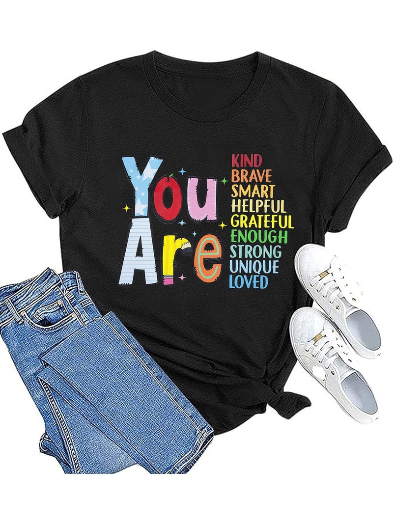 FASHGL Teacher Shirts Be Kind Tshirt Women First Day of School Shirt Back to School Tees Motivation Crewneck Tee Tops Black - Image 1