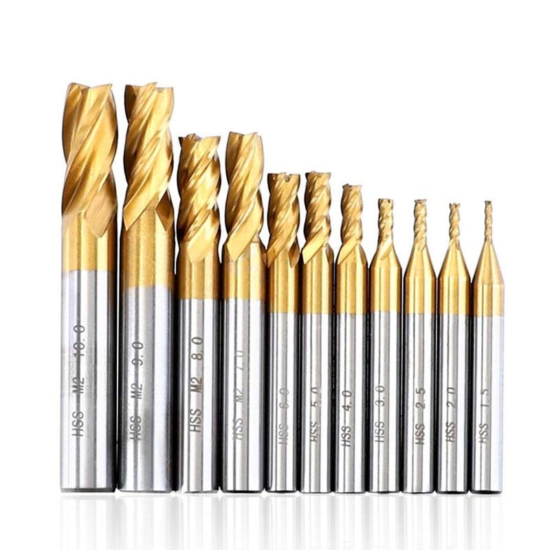TOPPROS Pack of 10 4-Flute Titanium Coat End Mill Bits, 5/64" - 3/8" HSS CNC Straight Shank Drill Bits Cutter Tool Set for Wood Aluminum Steel Titanium - Image 1