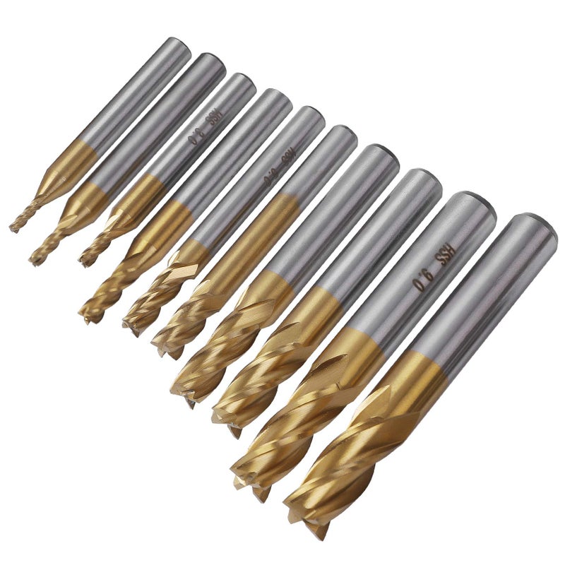 TOPPROS Pack of 10 4-Flute Titanium Coat End Mill Bits, 5/64" - 3/8" HSS CNC Straight Shank Drill Bits Cutter Tool Set for Wood Aluminum Steel Titanium - Image 2