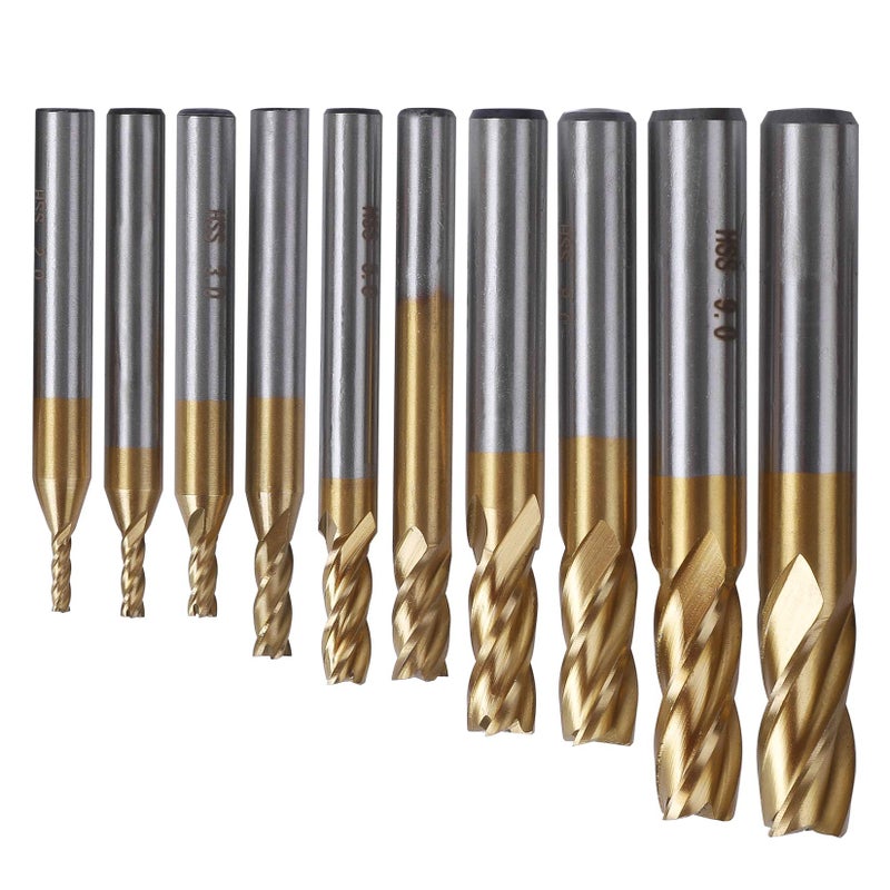 TOPPROS Pack of 10 4-Flute Titanium Coat End Mill Bits, 5/64" - 3/8" HSS CNC Straight Shank Drill Bits Cutter Tool Set for Wood Aluminum Steel Titanium - Image 3