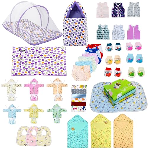 Infantbond 60 in 1 Summer Season New Born Baby Complete Daily Items Combo | Baby Gift Set (0-6 Months) (Purple) - Image 1