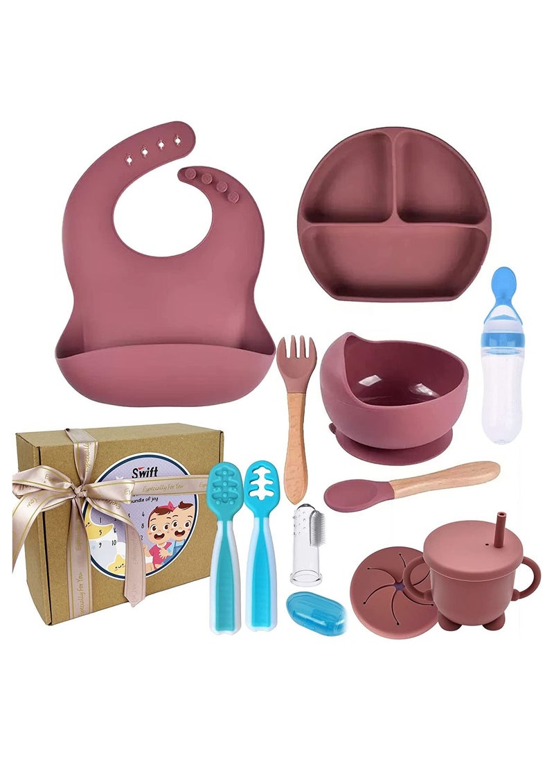 Swift Baby Feeding Set 11-Piece, Baby Led Weaning Utensils Set Includes Suction Bowl and Plate, Baby Spoon and Fork, Sippy Cup with Straw and Lid, Spoon Set Stage 1 and Stage 2, Food Feeder, Gift Packaging 