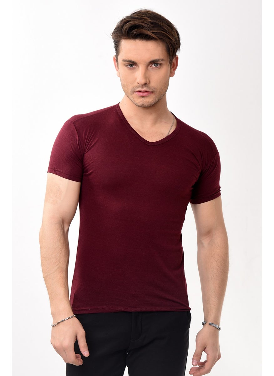 Belifanti Collection تي شيرت رجالي أساسي بقصّة Slim Fit بفتحة رقبة على شكل V باللون الأحمر الداكن  - Image 1