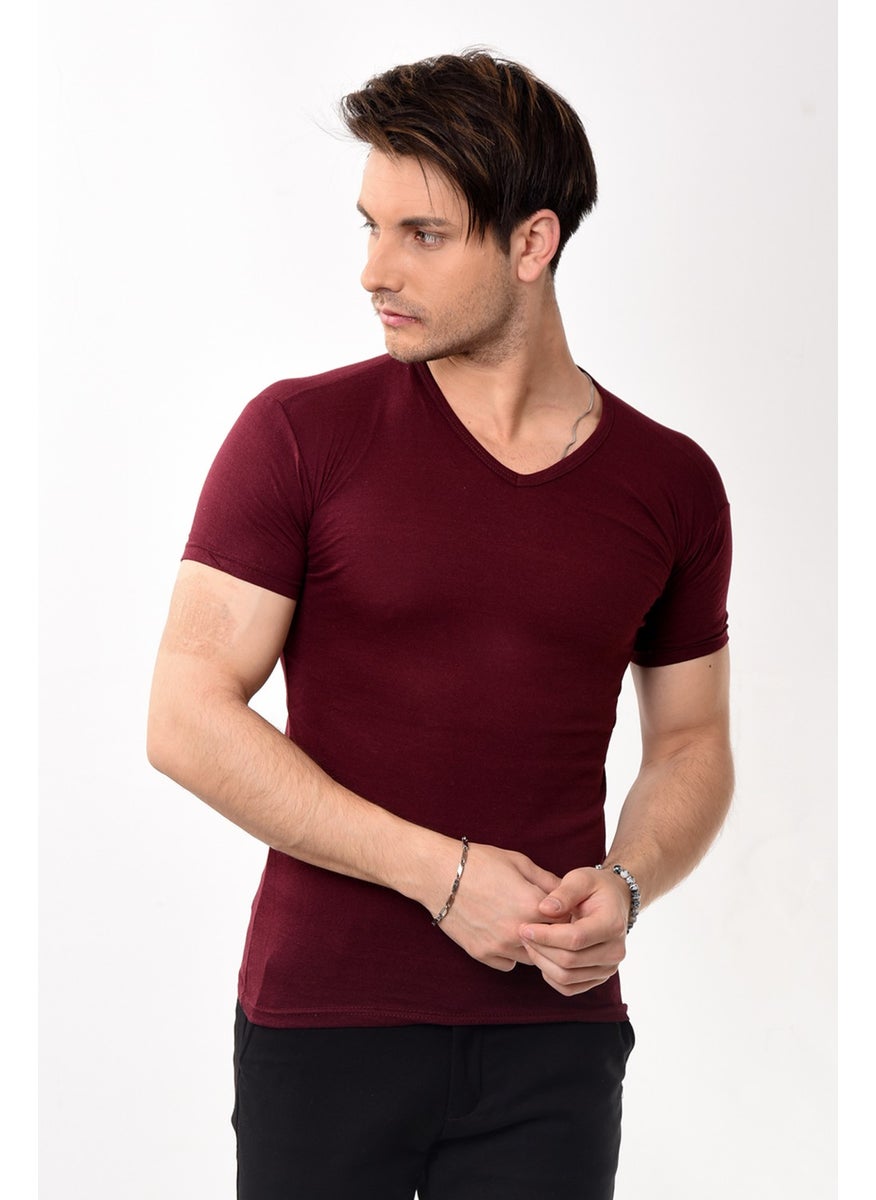 Belifanti Collection تي شيرت رجالي أساسي بقصّة Slim Fit بفتحة رقبة على شكل V باللون الأحمر الداكن  - Image 2
