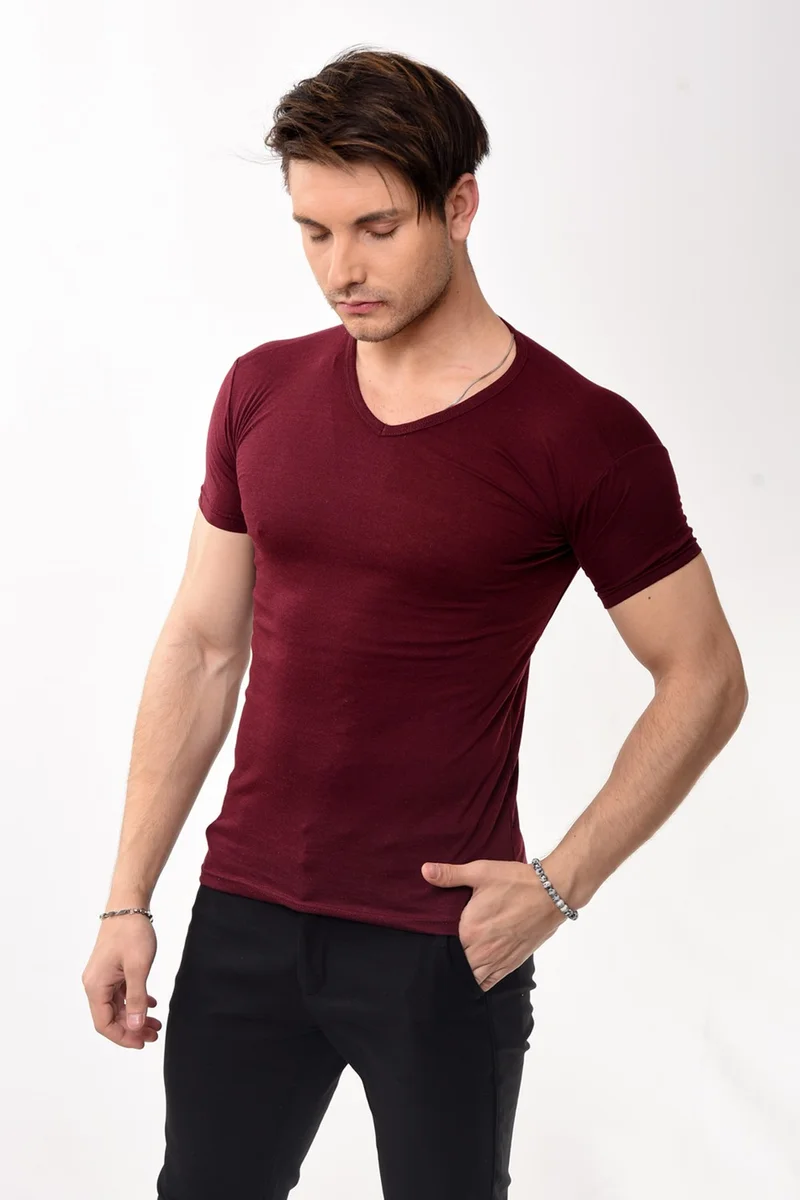 Belifanti Collection V-Neck Basic Slim Fit Men's T-Shirt Claret Red