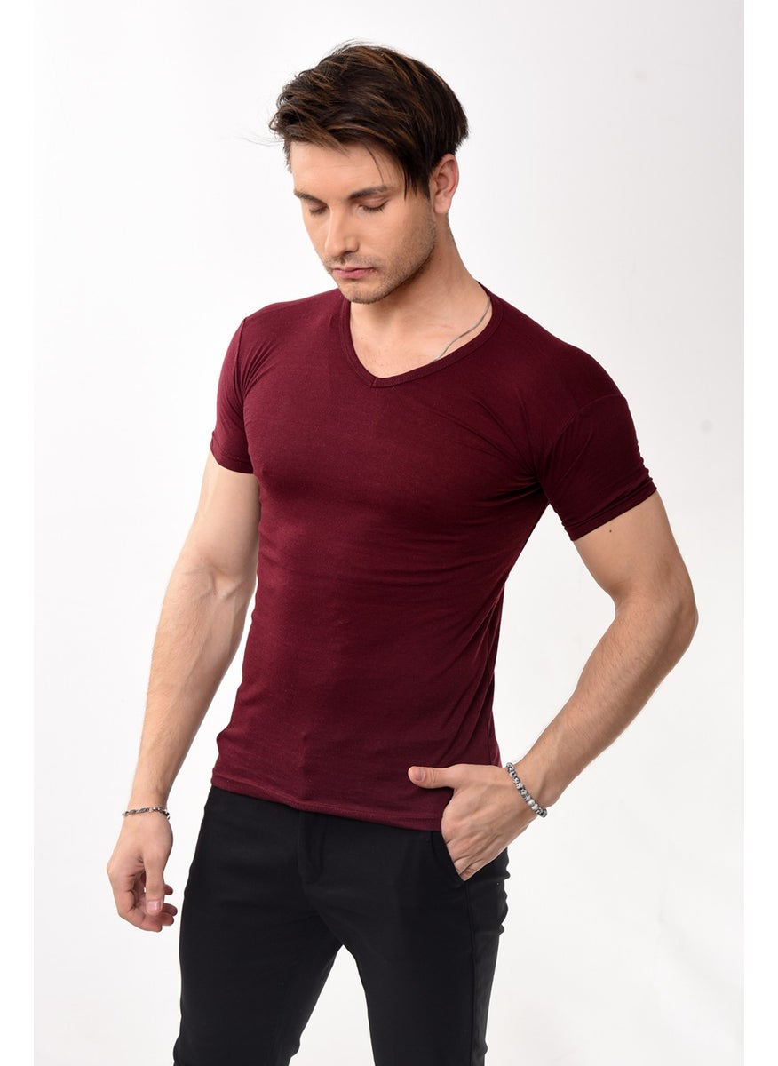 Belifanti Collection تي شيرت رجالي أساسي بقصّة Slim Fit بفتحة رقبة على شكل V باللون الأحمر الداكن  - Image 3