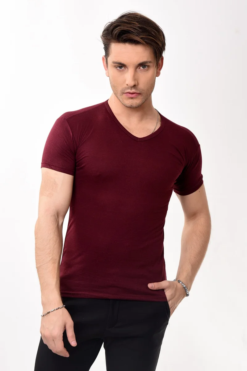 Belifanti Collection V-Neck Basic Slim Fit Men's T-Shirt Claret Red