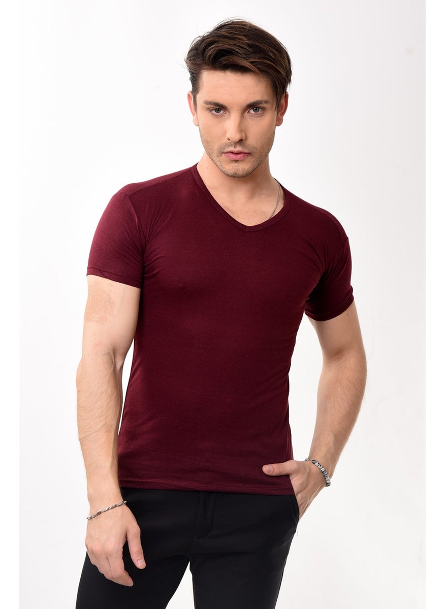 Belifanti Collection تي شيرت رجالي أساسي بقصّة Slim Fit بفتحة رقبة على شكل V باللون الأحمر الداكن  - Image 4