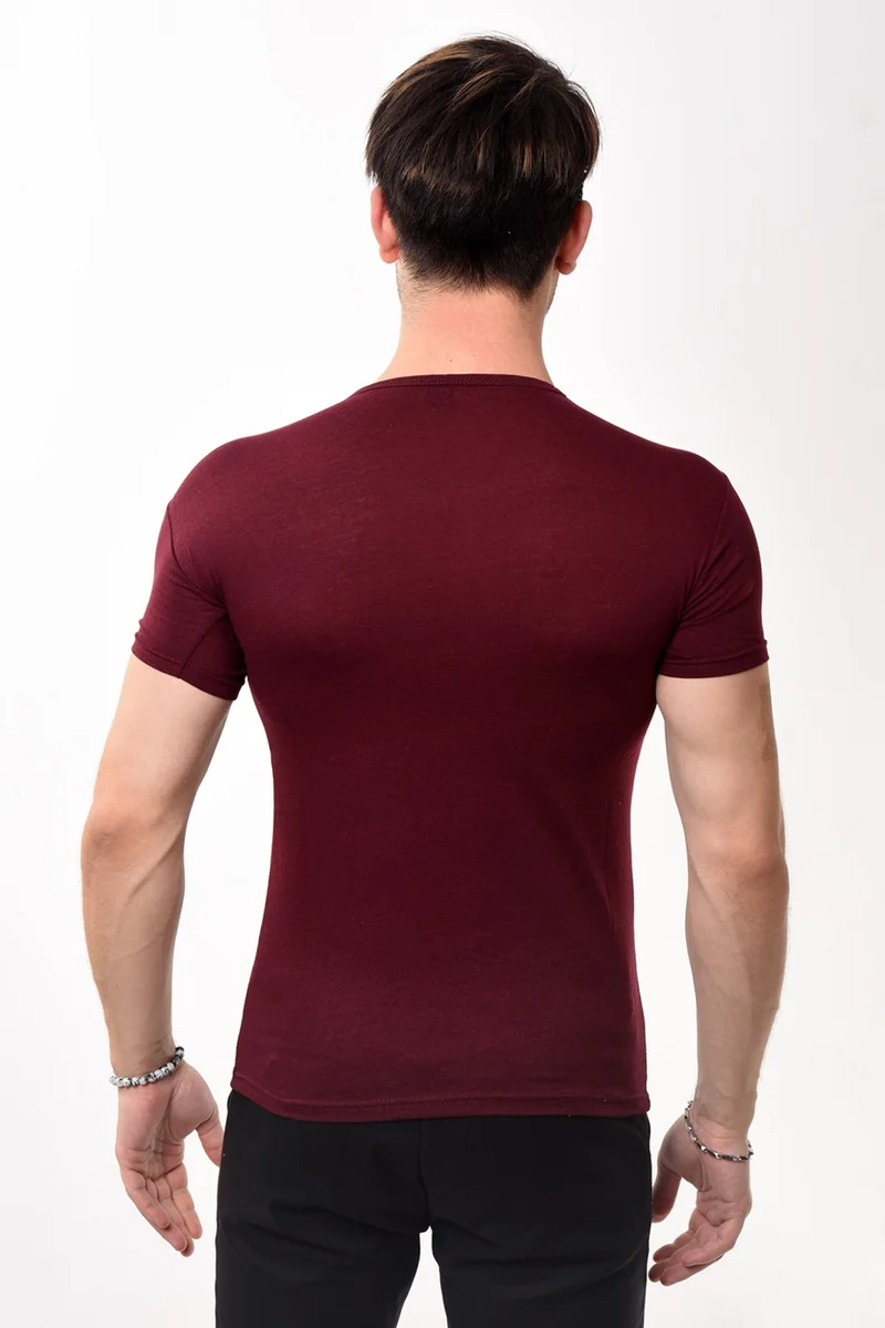 Belifanti Collection V-Neck Basic Slim Fit Men's T-Shirt Claret Red