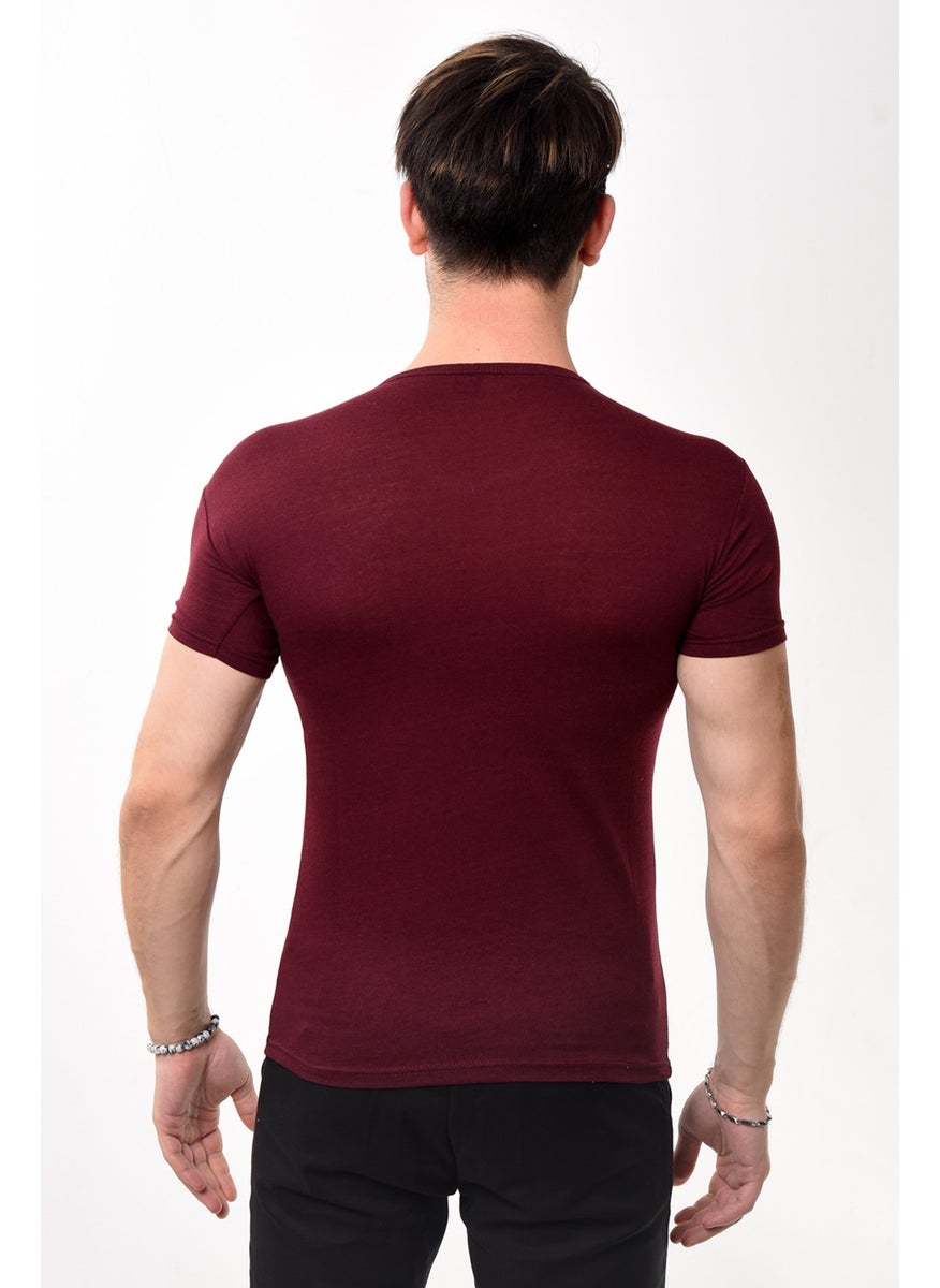 Belifanti Collection تي شيرت رجالي أساسي بقصّة Slim Fit بفتحة رقبة على شكل V باللون الأحمر الداكن  - Image 5