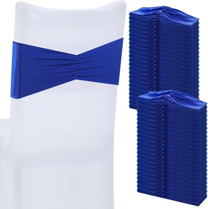 100 PCS SPANDEX CHAIR SASHES BOWS CHAIR BANDS SLIDER SASHES FOR CHAIR COVERS ELASTIC CHAIR BANDS TIES RIBBON CHAIR DECORATIONS FOR WEDDING PARTY EVENTS CEREMONY BIRTHDAY BANQUETROYAL BLUE