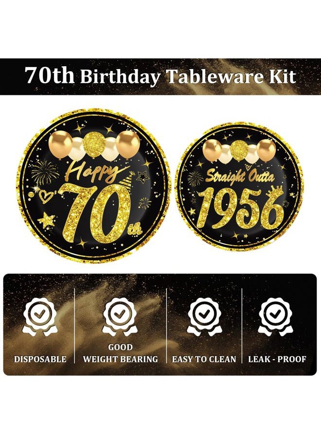 Turypaty 72Pcs Happy 70th Birthday Decorations Kit for Men Women, Black Gold Vintage 1955 70th Party Tableware Set Paper Plates Napkins Forks Party Supplies, 70 Years Old Bady Table Party Decor - Image 4