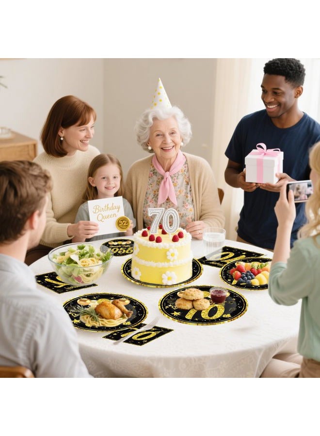 Turypaty 72Pcs Happy 70th Birthday Decorations Kit for Men Women, Black Gold Vintage 1955 70th Party Tableware Set Paper Plates Napkins Forks Party Supplies, 70 Years Old Bady Table Party Decor - Image 5