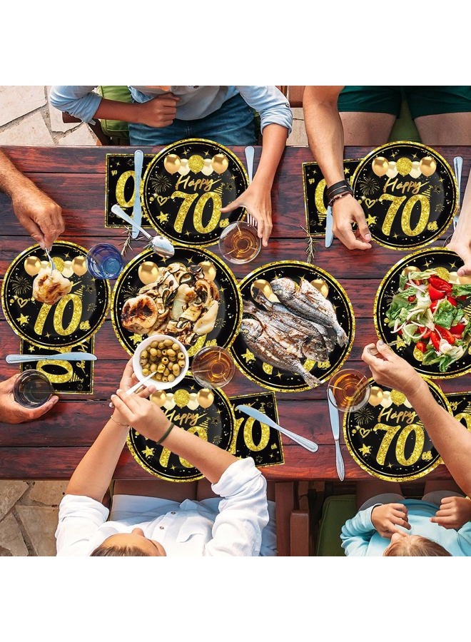 Turypaty 72Pcs Happy 70th Birthday Decorations Kit for Men Women, Black Gold Vintage 1955 70th Party Tableware Set Paper Plates Napkins Forks Party Supplies, 70 Years Old Bady Table Party Decor - Image 3
