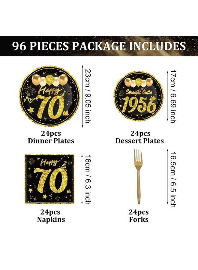 Turypaty 72Pcs Happy 70th Birthday Decorations Kit for Men Women, Black Gold Vintage 1955 70th Party Tableware Set Paper Plates Napkins Forks Party Supplies, 70 Years Old Bady Table Party Decor - Image 2