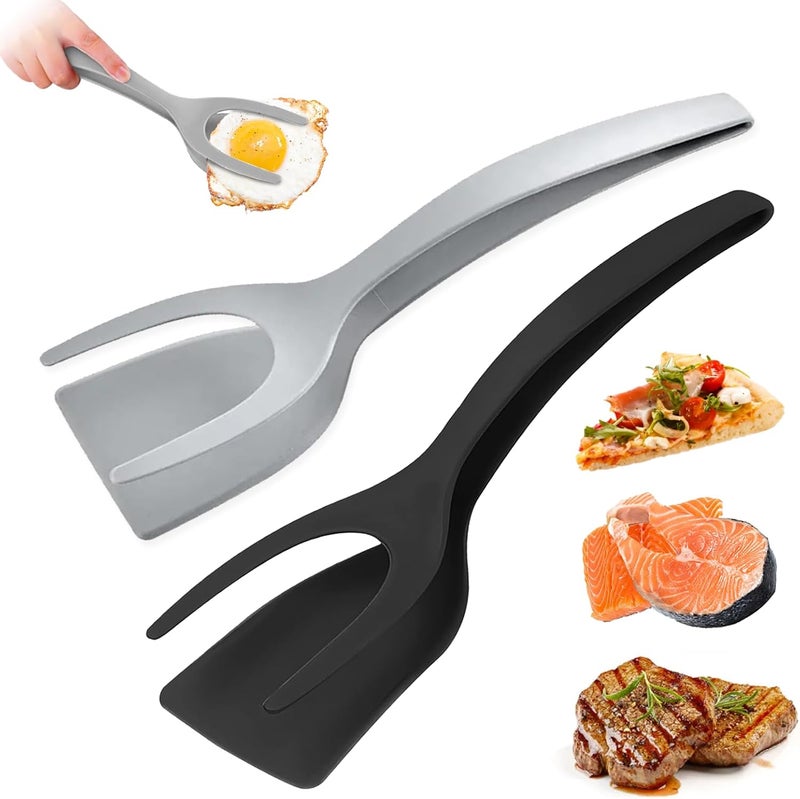 KJG Egg Flipper Spatula 2 in 1 Grip and Flip Spatula Tongs Egg Spatula Flipper Made of High temperature resistant Nylon with Non-Stick Coating Egg Flipper for Home Kitchen Cooking Tool (black and gray) - Image 1