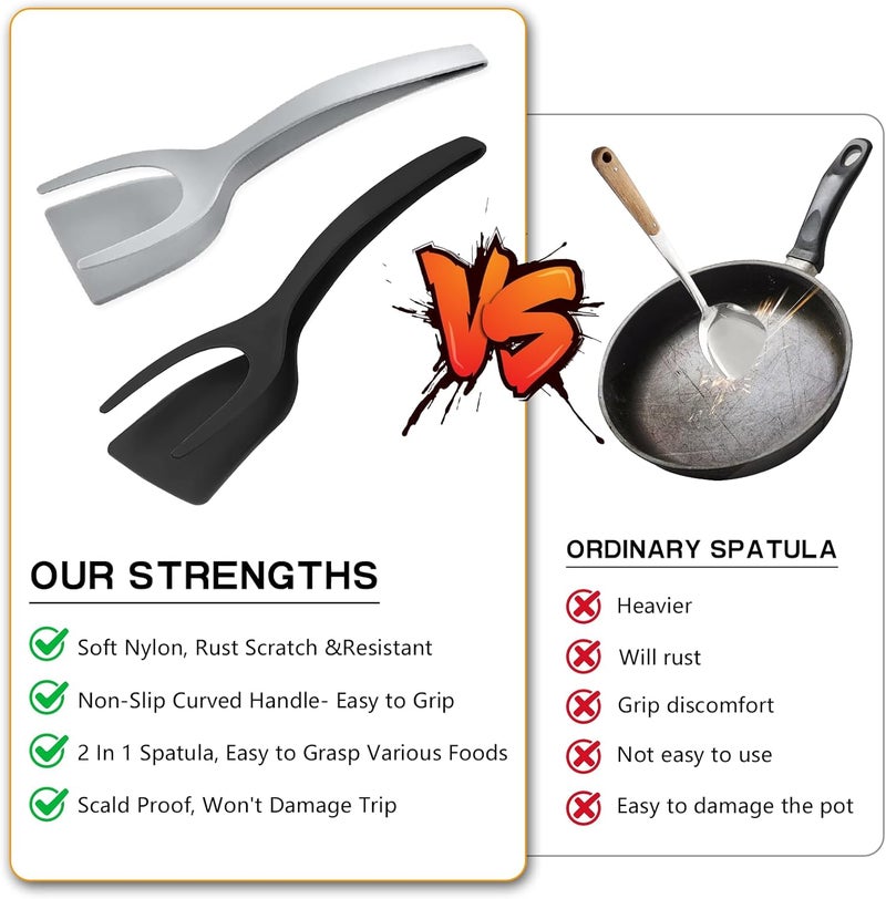 KJG Egg Flipper Spatula 2 in 1 Grip and Flip Spatula Tongs Egg Spatula Flipper Made of High temperature resistant Nylon with Non-Stick Coating Egg Flipper for Home Kitchen Cooking Tool (black and gray) - Image 2
