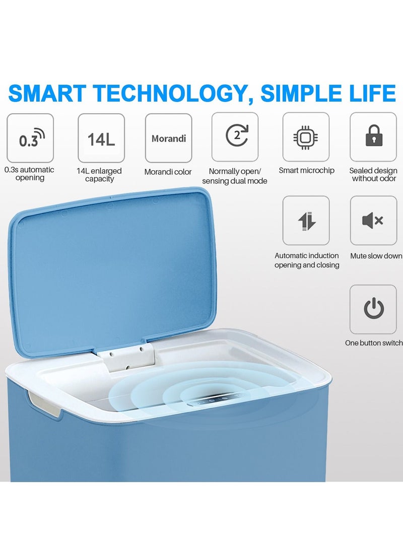 HoldPeak - 14L Capacity Household Sensor Kitchen Garbage Bin with Sensing Distance,Automatic Trash Can Blue - Image 1