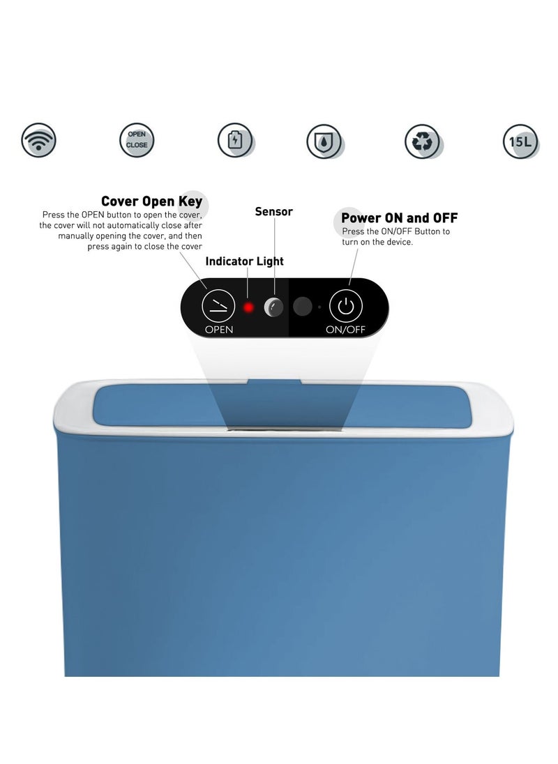 HoldPeak - 14L Capacity Household Sensor Kitchen Garbage Bin with Sensing Distance,Automatic Trash Can Blue - Image 1
