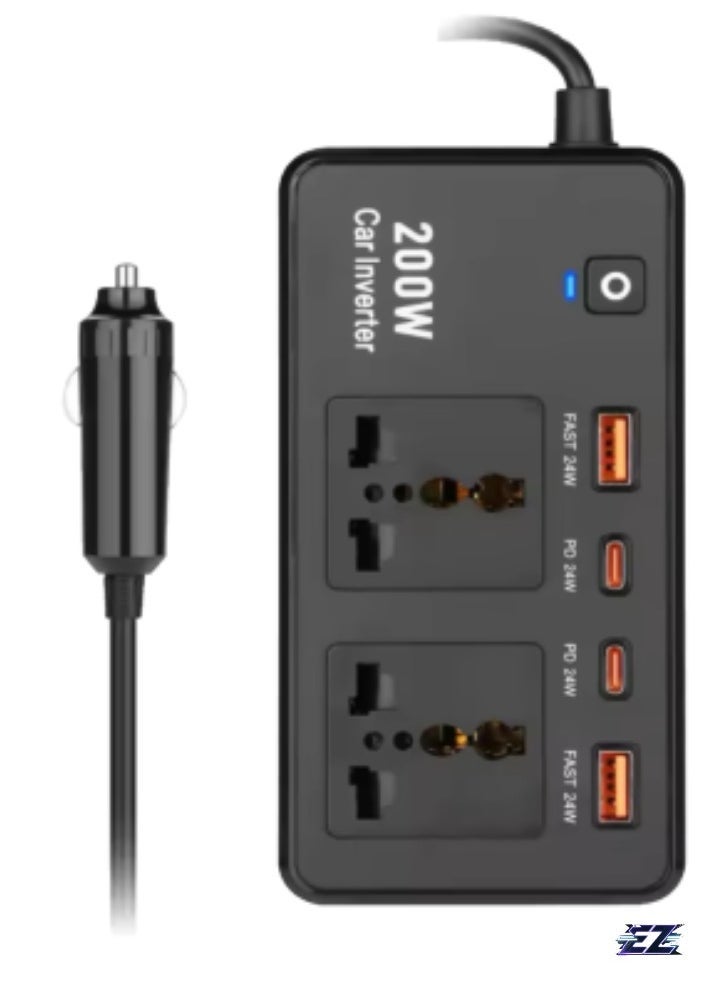 ELTRAZONE Power Inverter Car Adapter 200W – 12V to 220V Voltage Converter for Electric Devices – Includes USB & Type-C Ports, Universal Charging for Laptops, Smartphones & More – Compact & Portable - Image 1