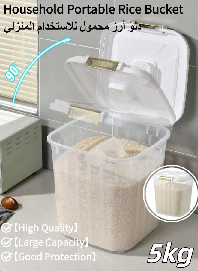 Household Portable Rice Bucket, 5kg Sealed Rice Container, Multifunctional Moisture Insect-Proof, Household Grain Storage Bucket for Kitchen, Pet Food Storage Container, Flour Storage Container, Cereal Dispenser, With Free Measuring Cup(21.5x23x22.5cm, White) - Image 1