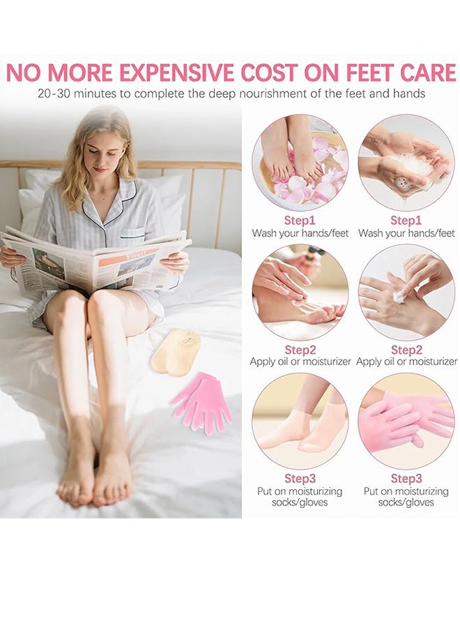 Silicone Moisturizing Glove Socks Set for Dry Cracked Feet and Hands, Anti Slip Spa Socks Women Gel Pedicure Socks for Foot Hand Softening Foot Care After Pedicure(Pink) - Image 2