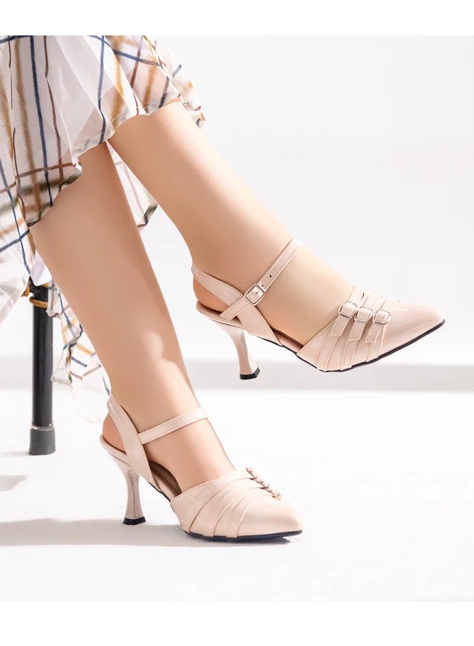 فيبراندا صندل هيلز جلد شيك أنيق، مريح وعصري.-C-56-بيج - Image 1