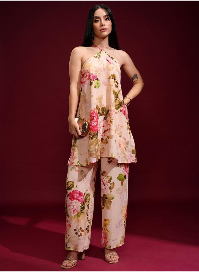 Vishudh Floral Printed Halter Neck Tunic and Palazzo Pants Co-Ords by Styli  - Image 2