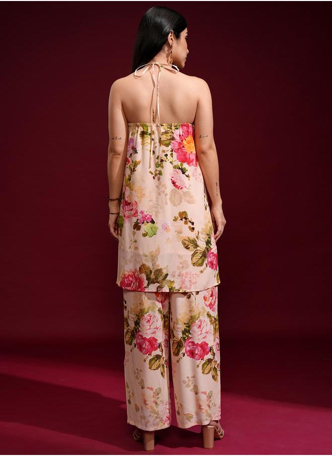Vishudh Floral Printed Halter Neck Tunic and Palazzo Pants Co-Ords by Styli  - Image 3