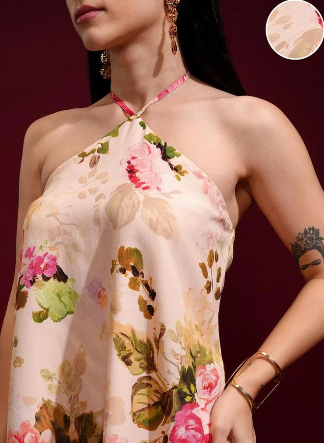 فيشود طقم تونيك بياقة هالتر مطبوع بالزهور وبنطلون بالازو من ستايلي