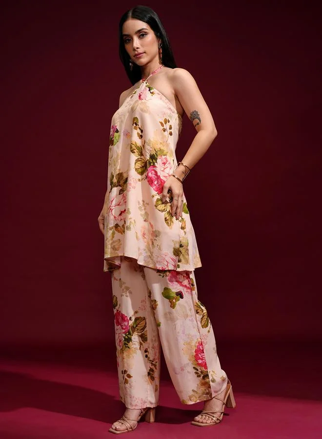 فيشود طقم تونيك بياقة هالتر مطبوع بالزهور وبنطلون بالازو من ستايلي