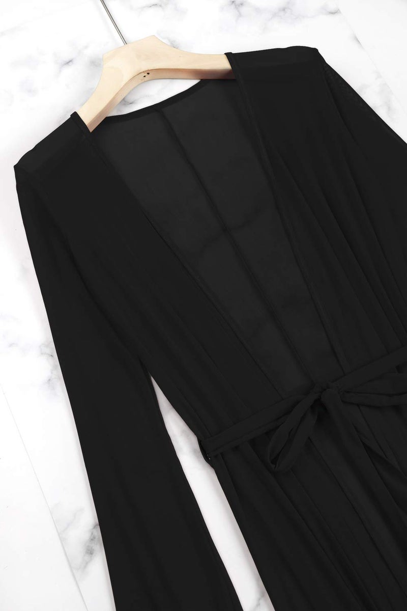 Pink Queen Women's Long Sleeve Flowy Maxi Bathing Suit Swimsuit Tie Front Robe Swim Cover Up Black 2XL - Image 4