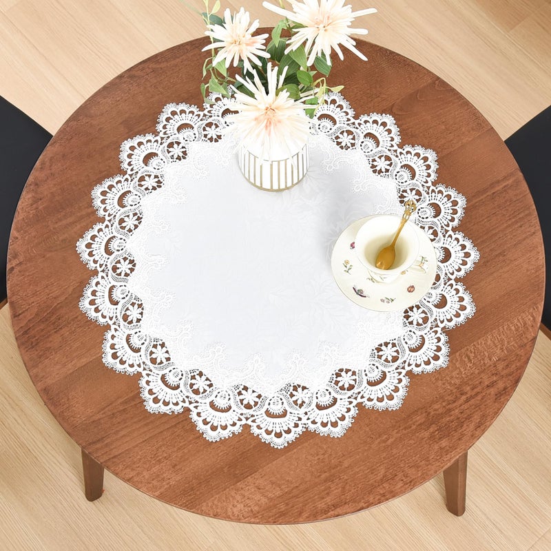Wolkemer Elegant White Lace Jacquard Round Doily Tablecloth Table Topper Decoration Cover for Home Dresser Scarf and Table Centerpiece 24 Inch 