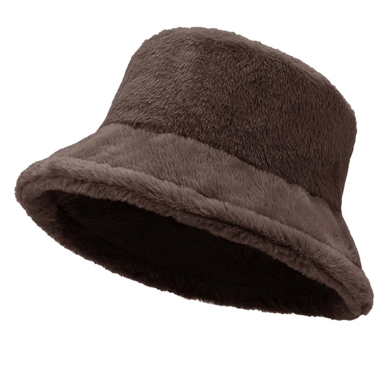 TZ Promise Women Plush Fluffy Bucket Hat Warm Lining Winter Faux Fur Cozy Wide Brim Winter (Brown) - Image 1