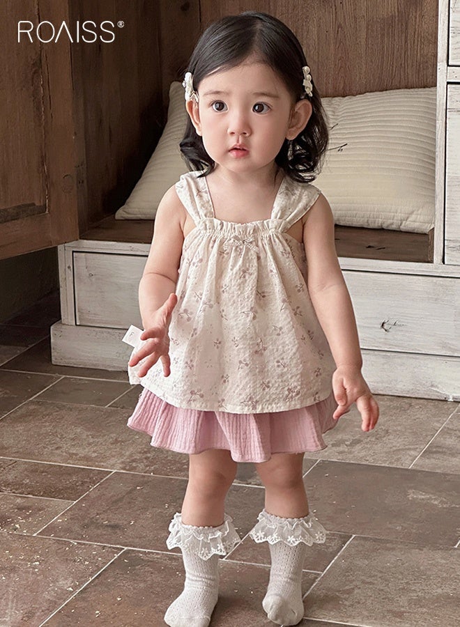 roaiss Baby Girls 2PCS Summer Outfits, Comfortable Camisole and Romper Skirt, Sleeveless Floral Top and Ruffle Skirt Set, Infant Stylish Summer Clothes  - Image 2