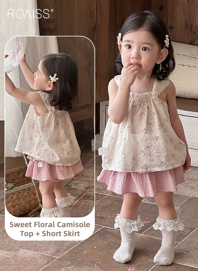 roaiss Baby Girls 2PCS Summer Outfits, Comfortable Camisole and Romper Skirt, Sleeveless Floral Top and Ruffle Skirt Set, Infant Stylish Summer Clothes  - Image 3