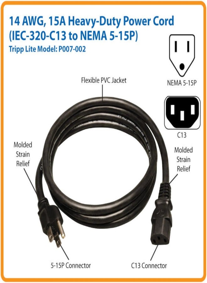 Tripp Lite Heavy-Duty Computer Power Cord 14AWG 15A (NEMA 5-15P to IEC-320-C13) 2-ft.(P007-002) - Image 2