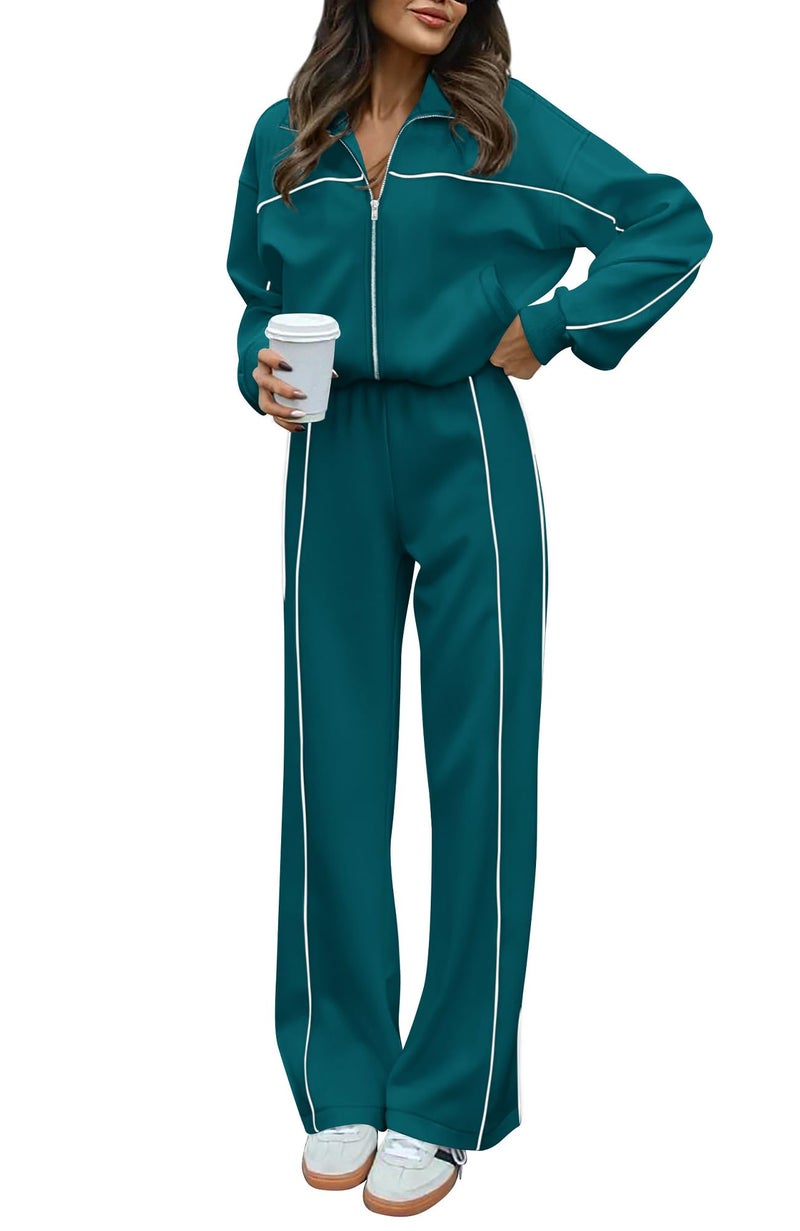 BTFBM Women's Two Piece Tracksuit Spring 2026 Long Sleeve Zip Up Sweatshirt Long Pants Outfits Jogger Sweatsuit Sets(Solid Blue Green,Small) - Image 1